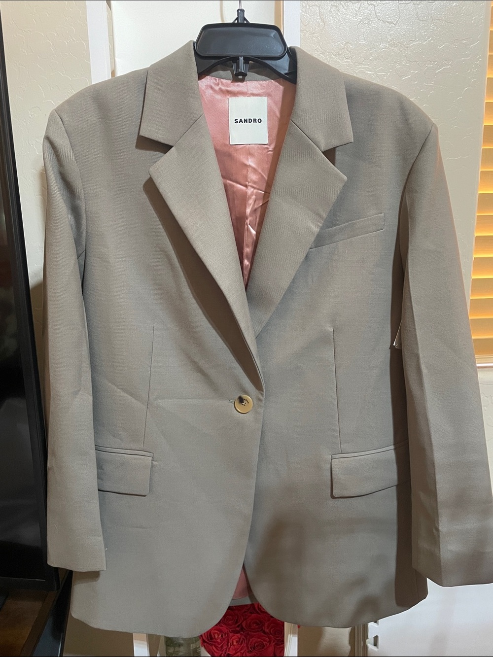 Sandro Taupe Single-Button Blazer with Pink Lining